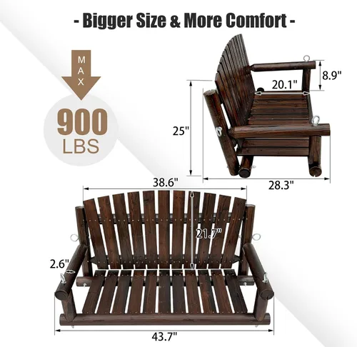 Miniatura 3 de 3.5 FT Rustic Log Wooden Porch Swing, Heavy-Duty 900 LBS, Outdoor Hanging Bench for Patio, Garden, Yard – Solid Fir Wood, Handcrafted