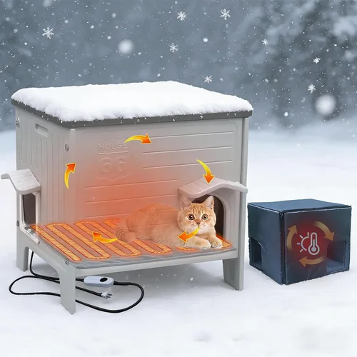 Miniatura 9 de Deblue Casa para Gatos de Exterior Resistente a la Intemperie Grande de Plástico Casas para Gatos con Puerta de Escape Interior Impermeable Refugio