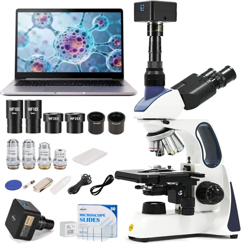 Miniatura 12 de SWIFT Microscopio compuesto trinocular SW350T, aumento 40X-2500X, cabeza de Siedentopf, grado de investigación, etapa mecánica de dos capas, cámara