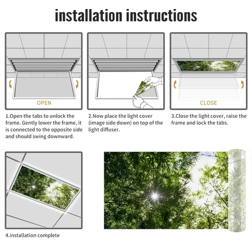 Miniatura 5 de Inserto de Cubierta de Luz de Techo Suspendido 4' x 2' pies (Naturaleza Bosque Hojas de Bambú Sol Verde) - Cubierta de Luz Fluorescente Reduce