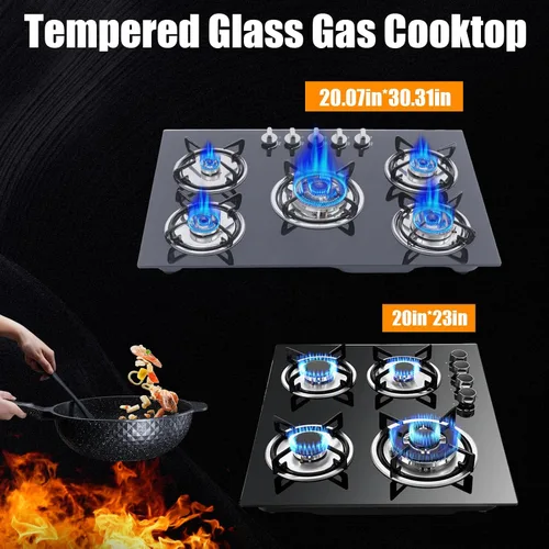 Miniatura 6 de Estufa de gas de 23 pulgadas, 4 quemadores incorporada, estufa de gas de doble combustible GLP/NG, encimera con vidrio templado negro, fácil
