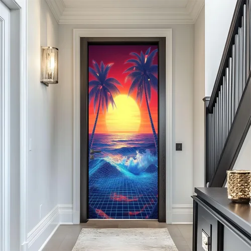 Miniatura 13 de Calcomanías para puerta, murales 3D, neón, retro, arcade, 80, máquinas de arcade, luces de neón, diseño retro, murales, papel tapiz autoadhesivo