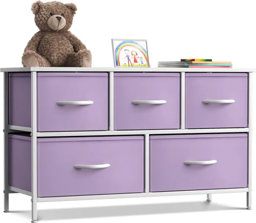 Miniatura 8 de Sorbus Cómoda Infantil con 5 Cajones - Unidad Organizadora de Almacenamiento con Marco de Acero, Parte Superior de Madera, Cajones de Tela Fáciles
