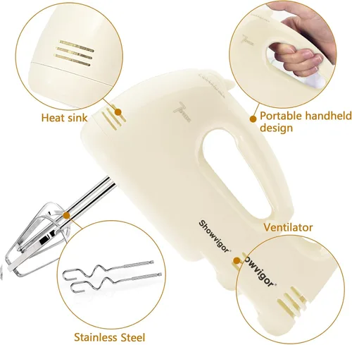 Miniatura 2 de Batidora de mano eléctrica de Showvigor - Mezclador de cocina portátil de 7 velocidades con 5 accesorios de acero inoxidable Batidor, batidor