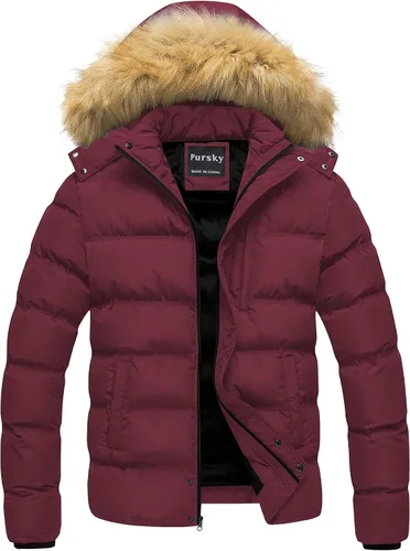 Miniatura 14 de Pursky Chaqueta de plumón impermeable para hombre, abrigos de invierno con capucha de piel para esquiar, parka con capucha de piel