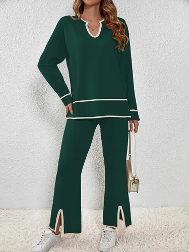 Miniatura 9 de SuperPrity Conjunto de 2 piezas de suéter para mujer, con cuello de muesca, manga larga, suéter de punto y pierna ancha