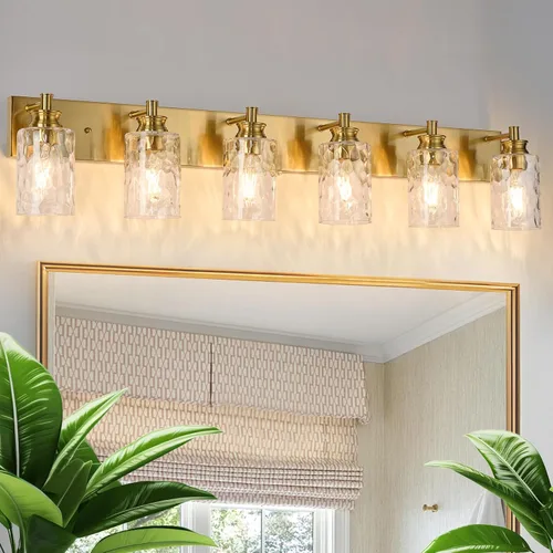 Miniatura 11 de Accesorios de lámpara de tocador de baño de 2 luces, moderna lámpara de baño dorada cepillada sobre espejo con pantalla de vidrio martillado