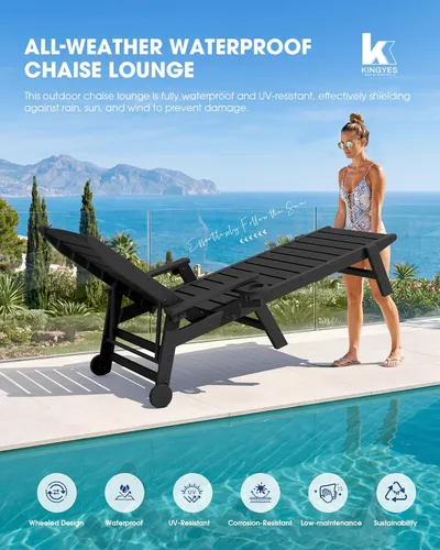 Miniatura 7 de KINGYES Sillón de polietileno de alta densidad para exteriores, tumbona reclinable para patio con portavasos para todo tipo de clima, tumbona