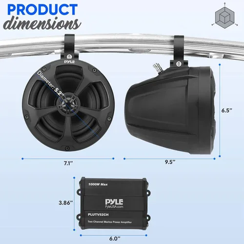 Miniatura 7 de PYLE, Altavoces marinos, altavoces de barco, 1000 W 5.25 pulgadas, sistema todoterreno impermeable, amplificador de 2 canales, estéreo de rango
