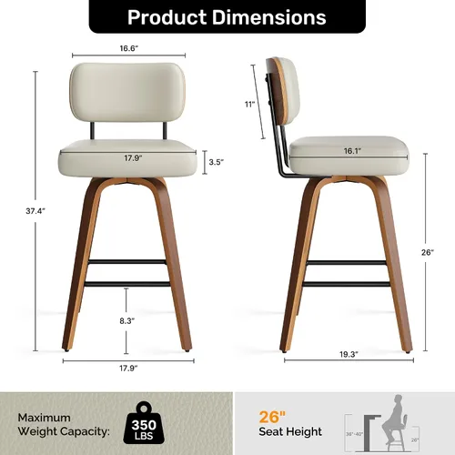 Miniatura 2 de Juego de 1 taburete de bar giratorio, taburetes de bar tapizados de 26" de altura para encimera con respaldo de nogal y patas de madera curvada