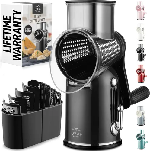 Zulay Kitchen Rallador rotativo de queso de 5 cuchillas, rallador de queso manual de manivela con succión reforzada y 5 tambores intercambiables,