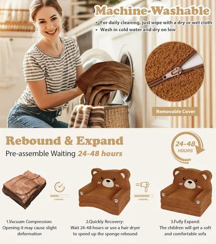 Miniatura 7 de Foryoomi Sofá para niños, sofá de bebé de 2 en 1 suave con manta plegable, silla cómoda, sofá de felpa convertible plegable, regalos para niños Oso