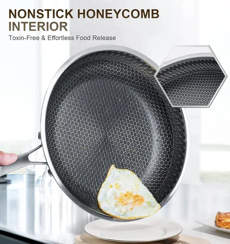 Miniatura 2 de MICHELANGELO Sartén de 30 cm de acero inoxidable con tapa, antiadherente con revestimiento de nido de abeja, sartén triple - Compatible con inducción