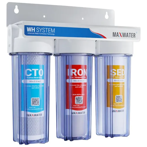 Max Water Sistema de filtración de agua de 3 etapas para toda la casa - Sedimento+Manganeso de hierro+CTO Post Carbono-3/4" Entrada/Salida-Modelo :