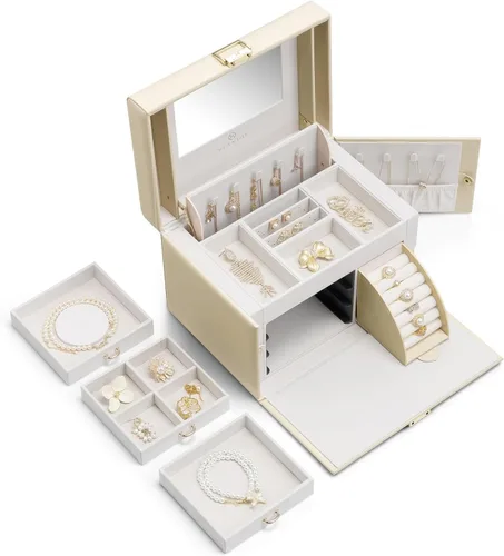 Miniatura 5 de Vlando Organizador de joyero con espejo, caja de almacenamiento de joyería de cuero, collares, aretes, anillos, soportes, relojes, caja