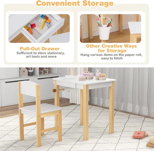 Miniatura 6 de HONEY JOY Juego de mesa y silla para niños, escritorio de madera y silla con cajón, portarollos de papel y 2 bolígrafos, juego de mesa de blanco 1