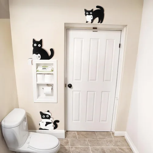 Miniatura 3 de Dripykiaa Divertida decoración de baño de gato negro, 3 piezas de decoración de pared de gato negro de madera, única para los amantes de los gatos