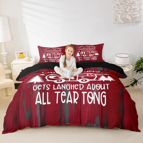 Miniatura 4 de Decoraciones para caravanas de remolques, funda de edredón de campamento feliz, juego de ropa de cama rústica color rojo de 3 piezas para niños