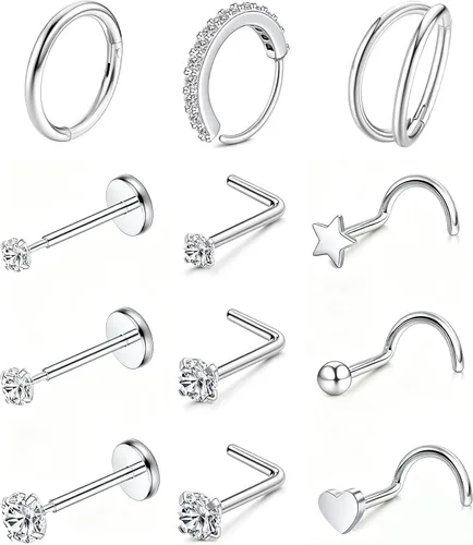 Miniatura 38 de Nose Rings Hoop and Nose Studs Sets for Women Men,Hypoallergenic 316L Surgical Stainless Steel Hinged Clicker Segment Nose Rings Hoop Helix