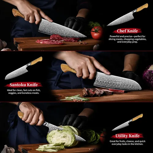 Miniatura 6 de TIVOLI Juego de cuchillos de cocina de Damasco, Juego de 3 cuchillos de chef japoneses, Cuchillo Santoku de Damasco VG-10 con mango de madera