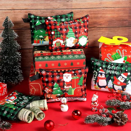 Miniatura 7 de Zonon Juego de 6 bolsas de maquillaje de lona de Navidad, pequeñas bolsas de cosméticos con cremallera portátil, bonita bolsa de estilo cuadros