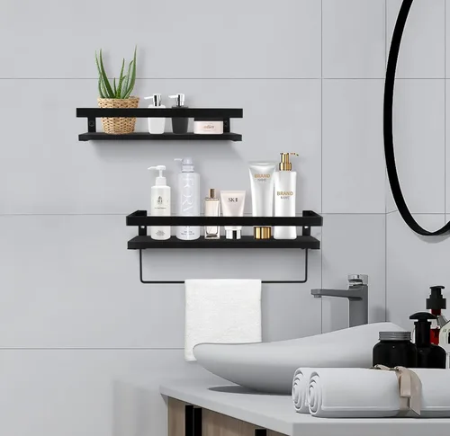 Miniatura 6 de Y&ME YM Estantes flotantes negros con toallero, juego de 2 estantes de baño para colgar en la pared, estantes decorativos flotantes de madera