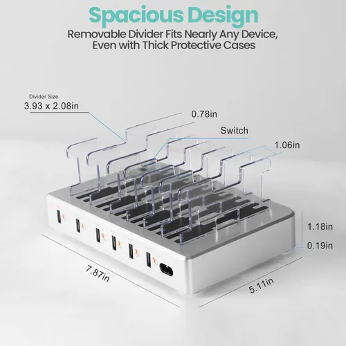 Miniatura 2 de Estación de carga rápida de 300 W para múltiples dispositivos, concentrador de carga USB de 6 puertos, organizador universal de cargador