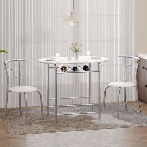 Miniatura 6 de VECELO Juego de mesa de comedor de 3 piezas para rincón de desayuno, mesa ovalada de mármol sintético y marco de metal con estante de vino Blanco