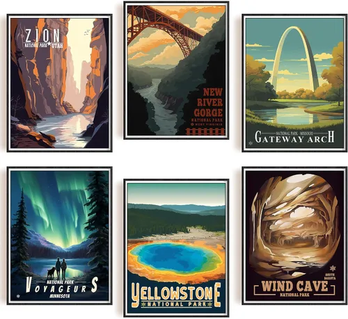 Miniatura 10 de SHOXREM Arte abstracto para pared del parque nacional: juego de 6 carteles de viaje para celebrar la decoración de pared de montaña, 8 pulgadas