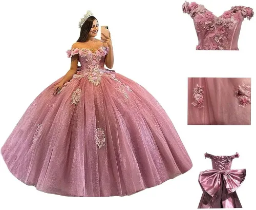Miniatura 4 de Youjiayi Vestidos de quinceañera con hombros descubiertos, vestido de baile floral 3D Sweet 15 16, vestidos hinchados de graduación con tren YJY77
