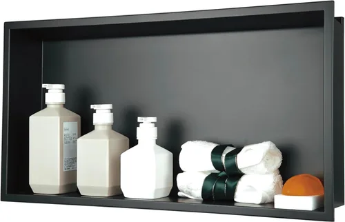 Miniatura 18 de Nicho de ducha empotrado de 24 x 12 pulgadas con estantes dobles, inserto de pared de acero inoxidable negro mate, no necesita azulejos