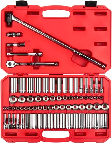 TEKTON Juego de llaves de vaso y trinquete de 12 puntos poco profundos y profundos de 3/8 pulgadas con estuche, 73 piezas (1/4 - 1 pulgada, 0.236 -