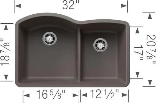 Miniatura 2 de BLANCO 443102 Diamond 60/40 Fregadero de cocina con doble tazón de división baja, 32 pulgadas de largo x 21 pulgadas de ancho, color gris volcán
