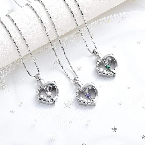 Miniatura 7 de Yinplsmemory Collar de urna de corazón de delfín para cenizas para mujer, colgante de urna de corazón de cristal, collar de recuerdo de cenizas