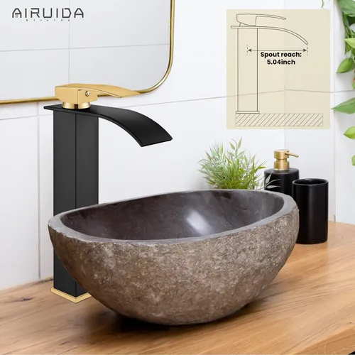 Miniatura 3 de Airuida - Grifo de cascada para baño, grifo de lavabo alto para mueble de baño, en negro mate y oro cepillado, moderno, con un solo agujero, manija