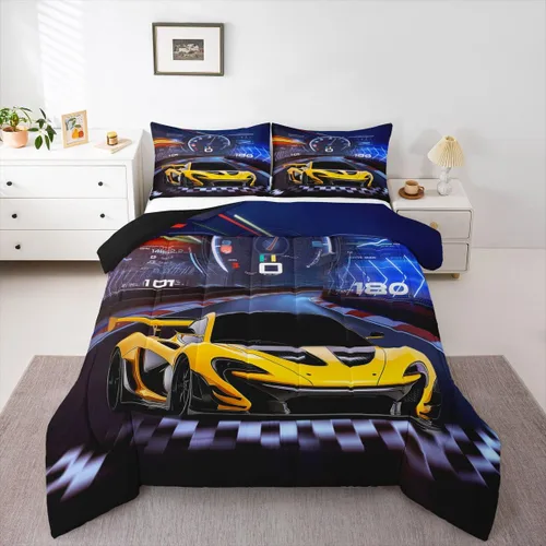 Miniatura 35 de Feelyou Juego de edredón azul de carreras para niños, juego de ropa de cama de coche deportivo para niños y niños, edredón deportivo geométrico a