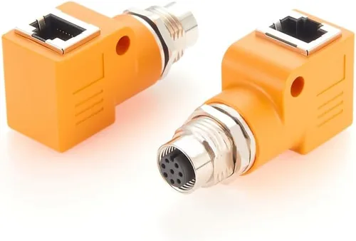 Miniatura 5 de Elecbee Adaptador de mamparo M12 a RJ45 impermeable M12 A Código 8 Pin hembra a RJ45 Jack de ángulo recto naranja