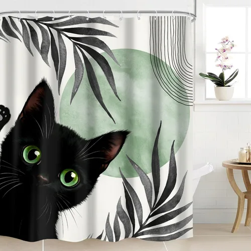 Miniatura 8 de Divertida cortina de ducha de gato negro de 60 pulgadas de ancho x 72 pulgadas de alto para niños, diseño de gatito blanco y negro, lindo animal are