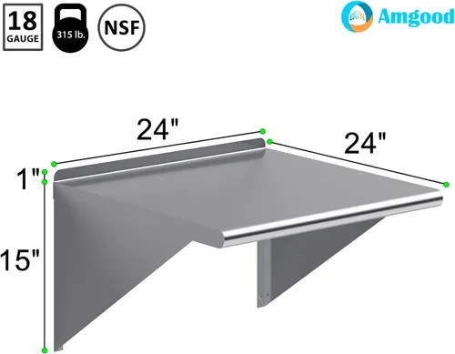 Miniatura 3 de AmGood Estante de pared de acero inoxidable de 24 pulgadas de largo x 24 pulgadas de profundidad NSF Estantería de metal para electrodomésticos