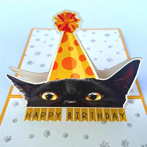 Miniatura 3 de Tarjeta de cumpleaños de gato negro, tarjeta desplegable 3D con sobre, tarjeta de felicitación de feliz cumpleaños para amantes de los gatos