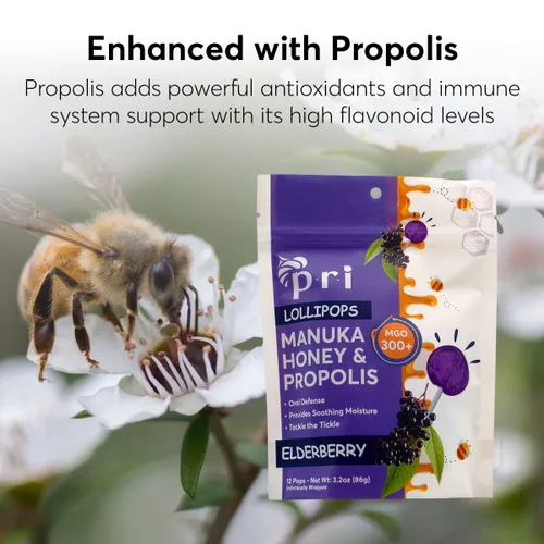 Miniatura 5 de P.R.I Miel de Manuka con Própolis, Certificada MGO 300+ – Piruletas para calmar la garganta, sabor saúco, (24 piruletas, 184 g)