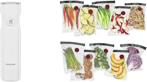 ZWILLING Fresh & Save Máquina selladora al vacío de mano para un fácil almacenamiento y juego de 10 bolsas selladoras al vacío para alimentos, 1