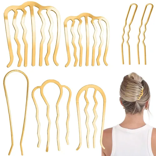 7 piezas de horquilla de metal para el cabello, peine giratorio francés para moño updo, horquilla en forma de U, pinzas para el cabello para