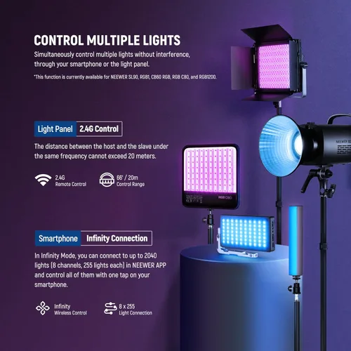 Miniatura 6 de NEEWER Paquete de 2 luces LED de video RGB1200 con control de aplicación/2.4G, kit de iluminación clave con soportes de trípode y bolsa