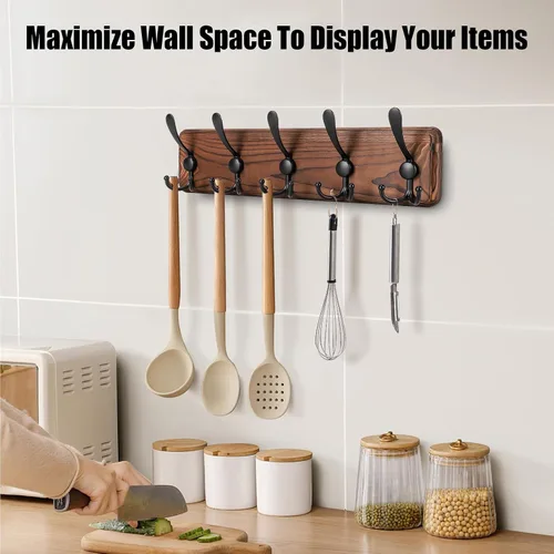 Miniatura 5 de Gohiuo Perchero Rústico para Montaje en Pared, Ganchos de Pared de Madera con 5 Ganchos Triples, Perchero de Madera Resistente para Colgar