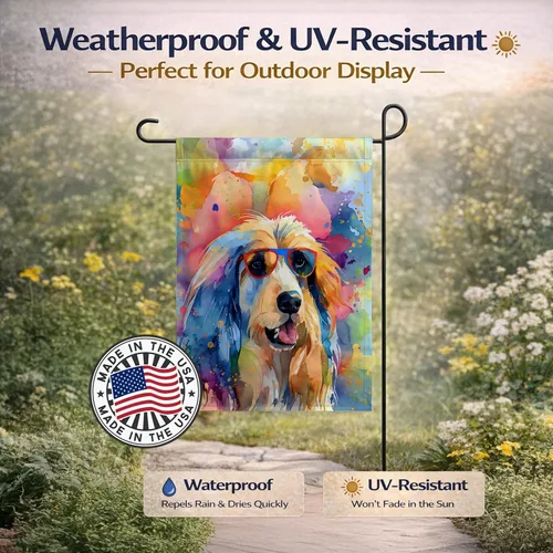 Miniatura 6 de Caroline's Treasures DAC2448GF - Bandera de jardín con diseño de perro afgano hippie Dawg, bandera decorativa para patio exterior, patio, obras