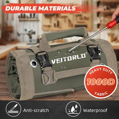 Miniatura 4 de Veitorld - Bolsa enrollable de herramientas resistente con compartimentos desmontables, organizador portátil para electricistas, carpinteros