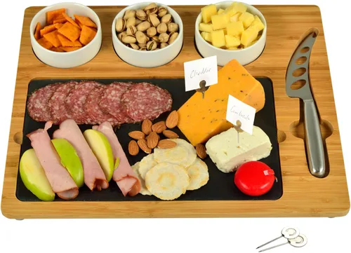 Miniatura 2 de Picnic at Ascot NCAA Alabama - Tabla oficial de queso/charcutería de bambú y pizarra con cuencos de cerámica, cuchillos y marcadores de queso
