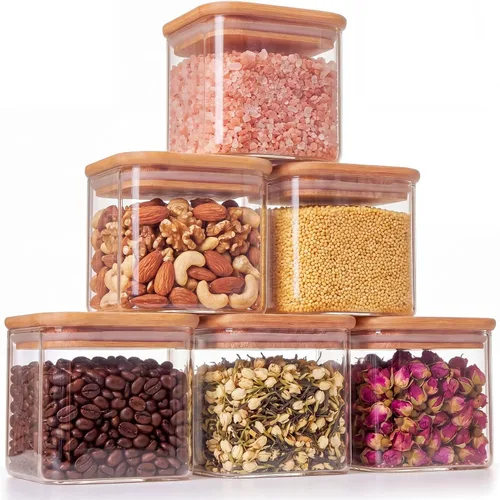 Paquete de 6 tarros de almacenamiento de vidrio rectangulares pequeños de 0.7 cuartos con tapas de bambú, recipientes de almacenamiento de despensa