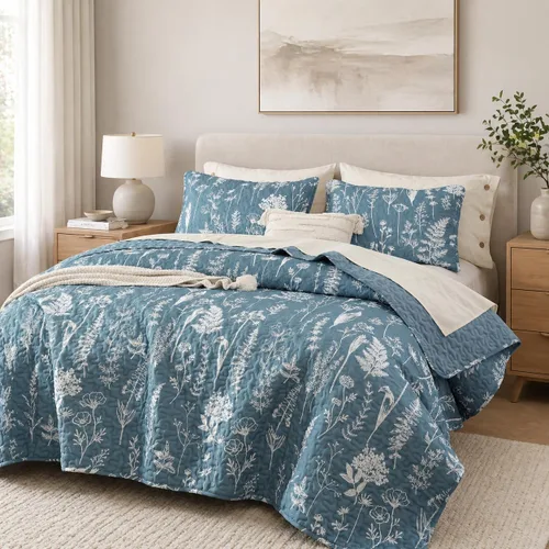 JANZAA Edredón Tamaño Queen de 3 Piezas con Diseño Botánico, Juego de Colchas Tamaño Queen con Estampado Floral, Edredón Ligero de Microfibra Azul